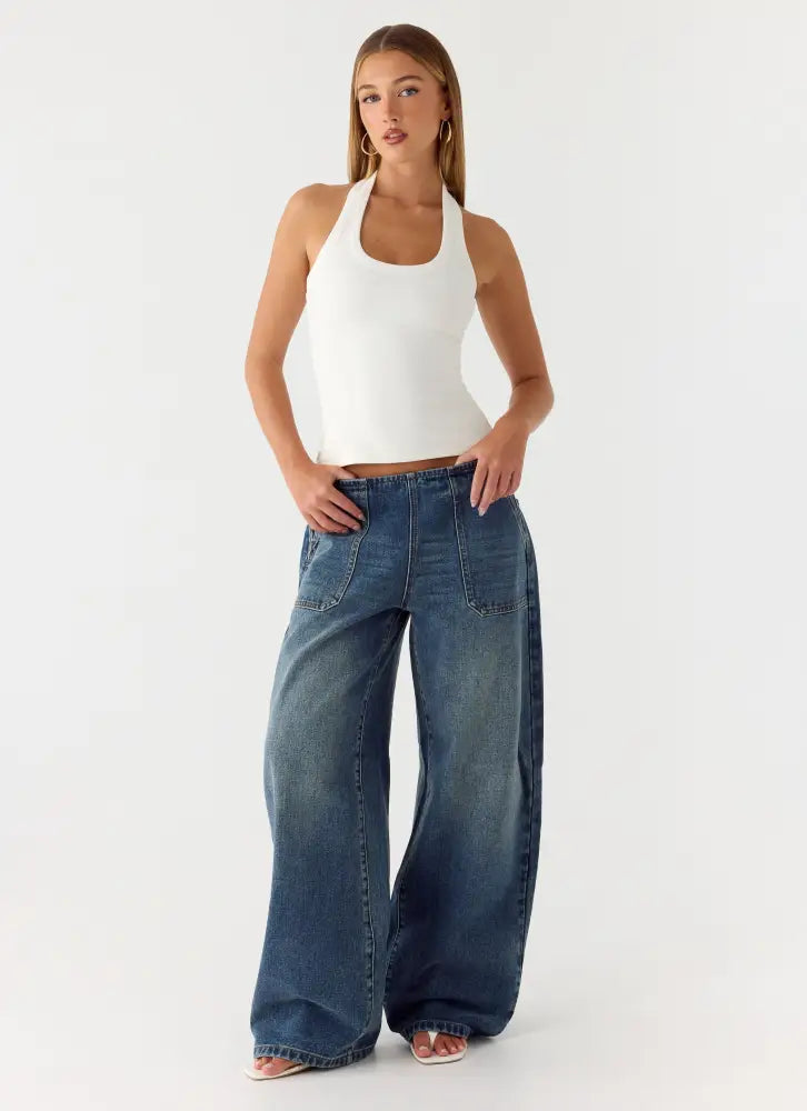 Seethal Low Rise Washed Denim Jeans - Mid Wash Blue