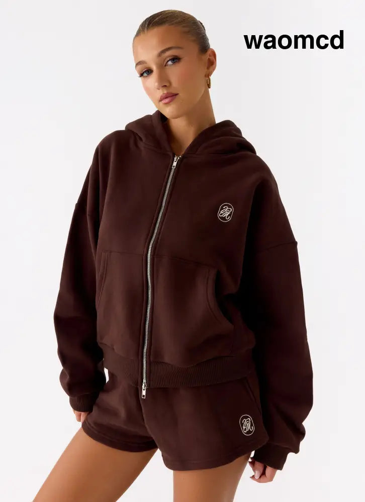 Signature Double Zip Up Hoodie - Chocolate