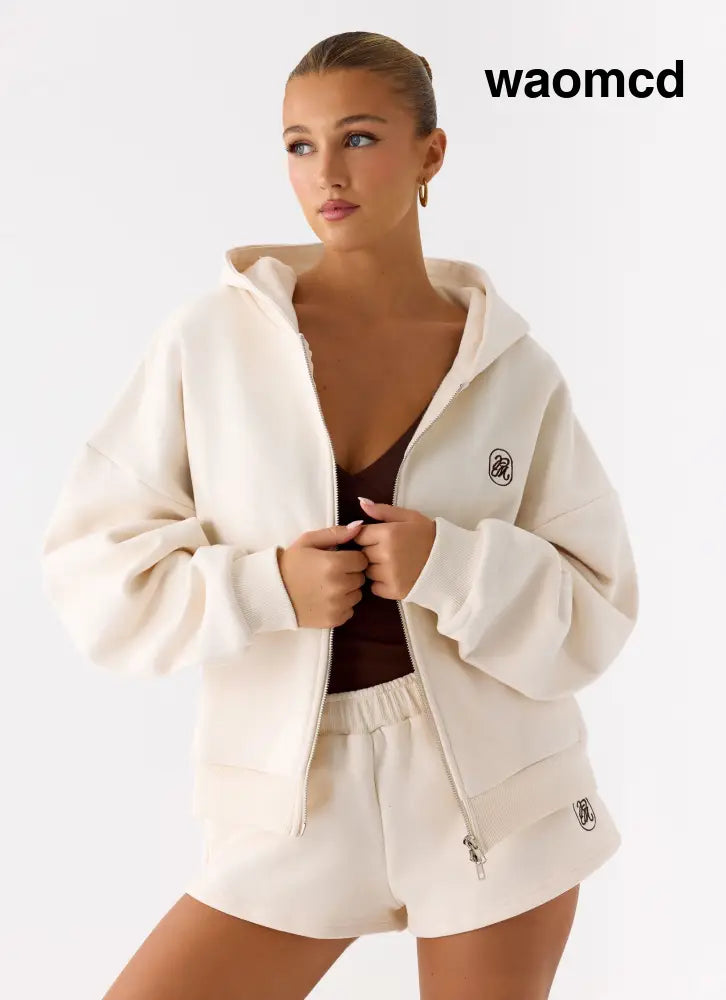 Signature Double Zip Up Hoodie - Cream